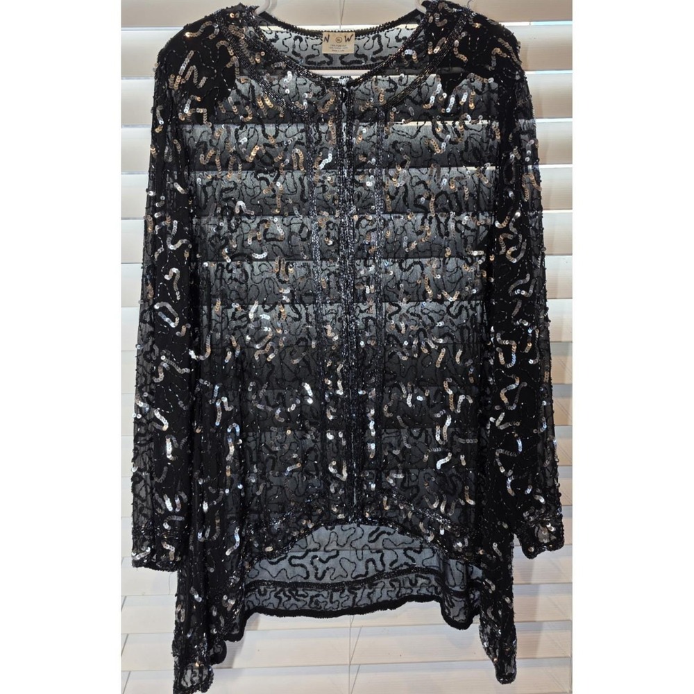 Vintage‎ Praise Hymn Silk Sequin Sheer Blouse Opera Evening Coat Cardigan Top XL